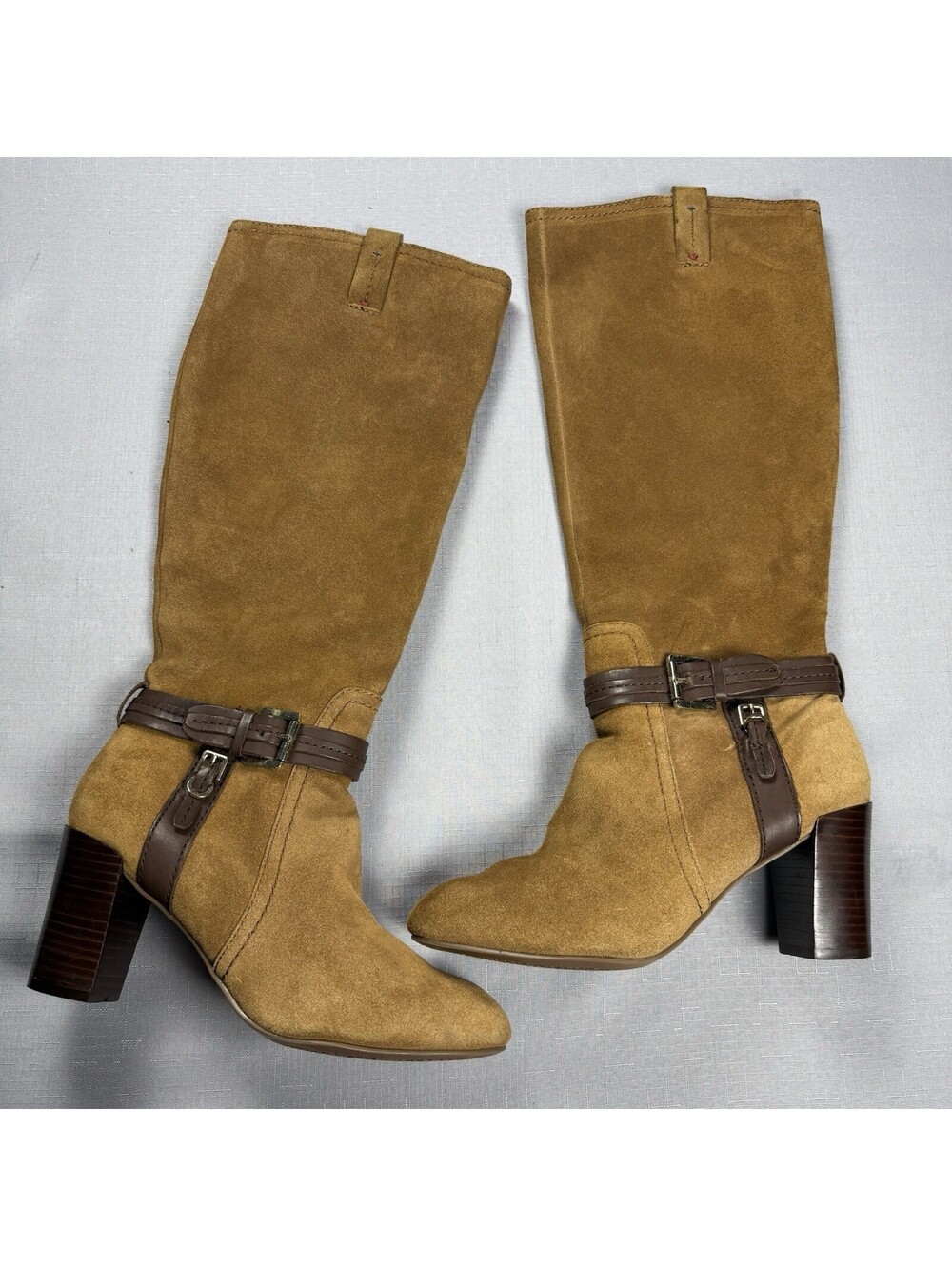 Tommy Hilfiger Women’s 8M Tan Suede Knee High Boots Buckle Block Heel Zip
